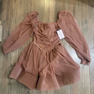 Misguided Draped Tulle Balloon Sleeve Skater Dress-Size 4-NWT-Taupe